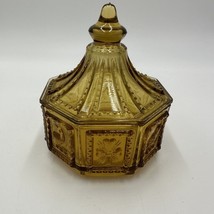 Imperial Glass Candy Dish With Cover Octagonal Amber Birds Nature Vintage - $26.10
