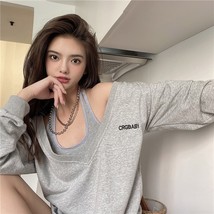 Women Gray V-neck Sweatshirt Two Piece Solid Casual Tops 2021 Spring New Round C - £72.33 GBP