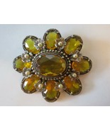 Antique Huge Brooch Big Glass Oval Stones Base Metal Flower Motif Faux P... - £70.88 GBP