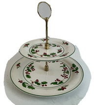 WHITE Christmas CHINA  2 Tier Holly Tidbit Berry Serving Plate Tray 7.5&quot;... - £11.01 GBP