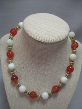 Necklace White Beads Amber Beads Matte Gold Tone Round Shiny Gold Tone Spacers - £13.54 GBP