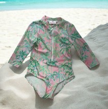 Tommy Bahama Long Sleeve Swimsuit Girl size S (5-6) Tropical pink palm t... - $14.36