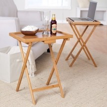 Set of 2 Bamboo Wood TV Table Snack Coffee Tables in Natural - £146.90 GBP