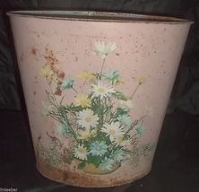 Vintage Tin Metal Wastebasket;Pink-White,Yellow,Blue Daisies-Farm SHABBY Rustic - £20.08 GBP