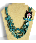 Carved Cartoon Cat Lacquer Wood Whiskers Multi Strand Turquoise 25in Nec... - £39.29 GBP