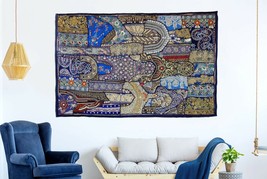 Indian Heavy Hand Embroidered Wall Hanging Vintage Zari Patchwork Beads Tapestry - £59.34 GBP