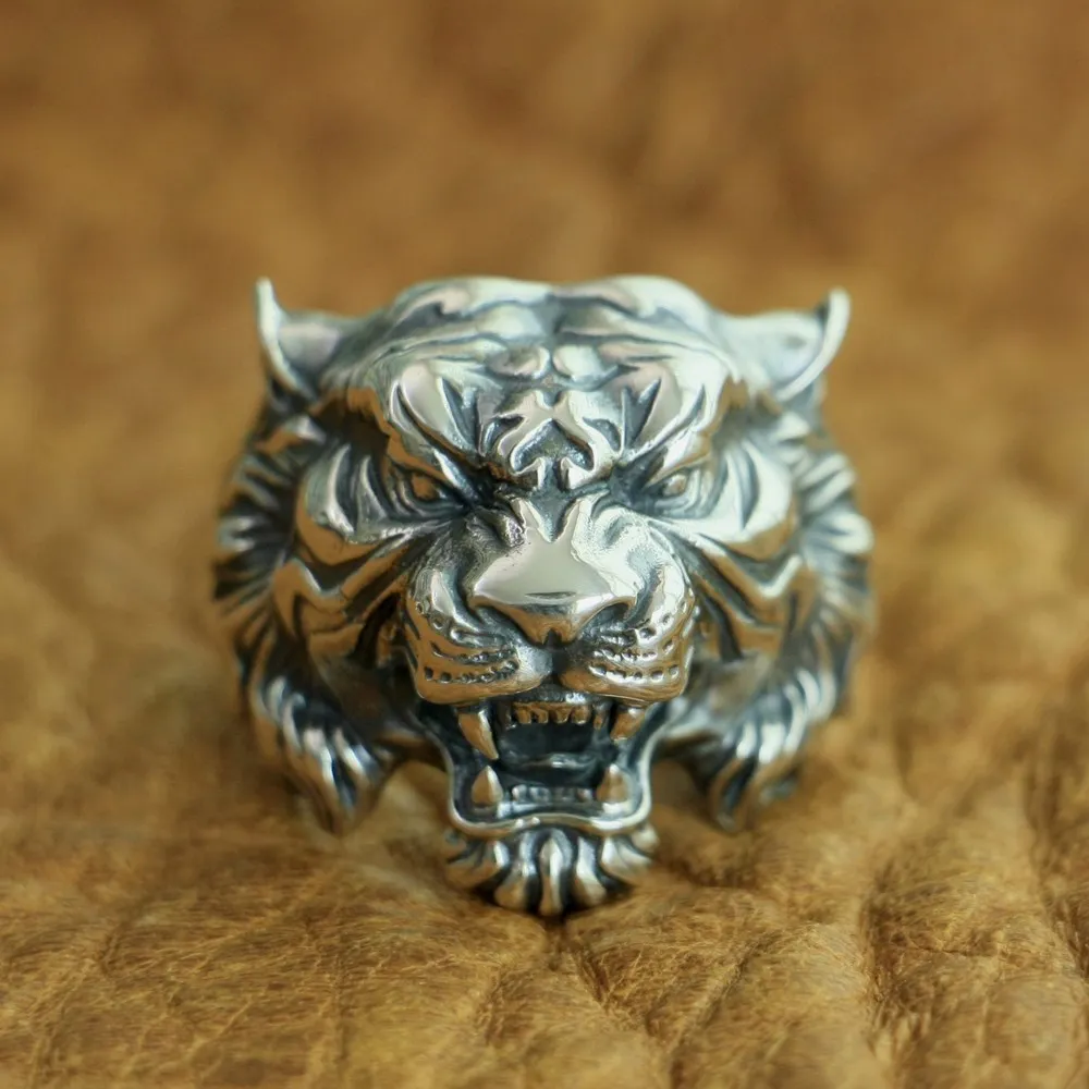 Rings 925 Sterling Silver High Details Tiger Mens Biker Punk Jewelry TA130 US Si - £130.96 GBP