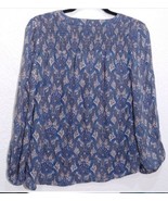 $144 JOIE Addie B silk v-neck pheasant blouse M gray+blue paisley 3/4 sleeve top - £11.05 GBP