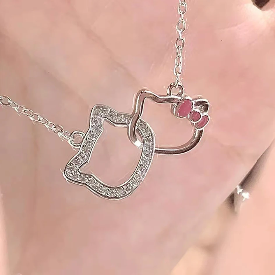Sanrio Hello Kitty Necklace Pendant Kawaii Double Ring Clavicle Chain Girlfriend - £6.09 GBP