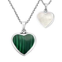 Love Forever Double-Sided Heart with Green Malachite Sterling Silver Necklace - £17.83 GBP