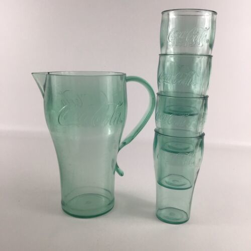 Coca Cola Drinkware Set Plastic Pitcher Glasses Green Collectible Container Cups - $49.45