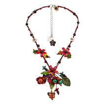 Sweet Festive Red Garden Leather Wood Glass Statement Necklace - £16.05 GBP