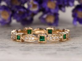 1.64Ct Princess Cut Emerald Engagement Wedding Ring Band 14k Yellow Gold Finish  - £63.71 GBP