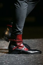 Men&#39;s Two Tone Red Black Cowhide Leather Triple Buckle Strap Rounded Ankle Boots - £125.71 GBP