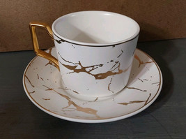 Jusalpha White Gold Marble Swirl Hand Painted Coffee Cup w Saucer - $18.50