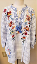 Johnny Was Embroidered Tassel Miro Blouse Sz-1X Plaid/Multicolor Floral - £134.59 GBP