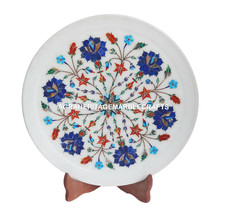 Marble Round Serving Dish Plate Semi Precious Lapis Inlay Mosaic Deco Gift H1341 - £208.25 GBP