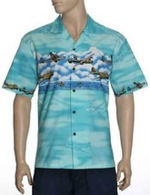 KY&#39;S Mens Hawaiian Shirt Aqua Blue Green Orange Airplane Bombers Pacific Cotton - £45.77 GBP