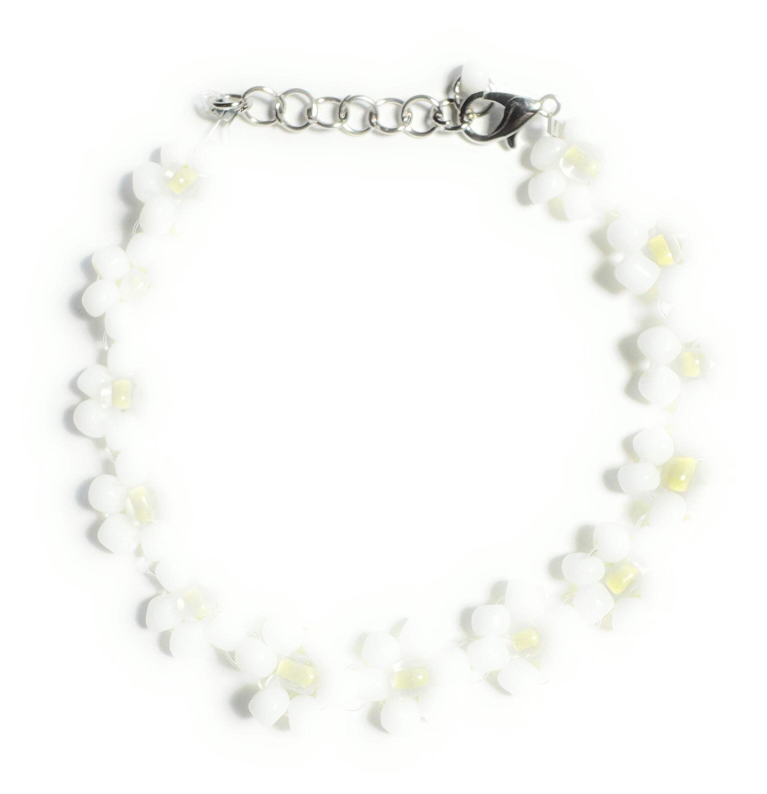 White and Yellow Daisy Seed Bead Bracelet with Lobster Clasp - $12.34