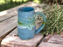 Mud Potter Eclectic Artisan Pottery Coffee Mug Blue Green Embellished Cup - £14.81 GBP