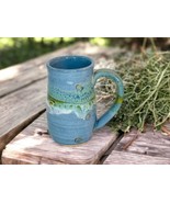Mud Potter Eclectic Artisan Pottery Coffee Mug Blue Green Embellished Cup - £14.62 GBP
