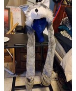 Grey Husky Wolf Hat Plush with Long Ear Flaps &amp; Attached Mittens Winter - $10.79