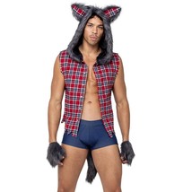 Wolf Costume Plaid Cut Off Shirt Hood Ears Tail Paws Faux Fur Werewolf 6187 - £64.45 GBP