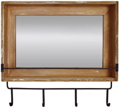 Wood Wall Mirror with Hooks Shelf, Rustic Wooden Frame Hanging Wall Mirror - £95.07 GBP