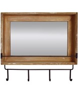 Wood Wall Mirror with Hooks Shelf, Rustic Wooden Frame Hanging Wall Mirror - £97.38 GBP