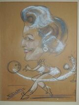Mid Century Pastel Caricature Art 13&quot;x10&quot; bowling poss Jane Russell Jergens - $1,562.51 MXN