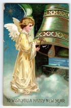 New Year Postcard Angel Rings Bell With Hammer Shining Stars Vintage 1909 Emboss - £13.59 GBP