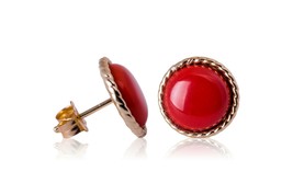 14k Yellow Gold Twisted Bezel Red Coral Push Back Stud Earrings 12mm - £155.29 GBP