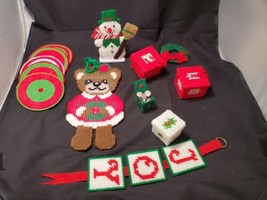 Vtg 12 3D Christmas Plastic Canvas Finished Ornaments Coasters Joy Wall Hanging - £14.97 GBP