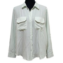 Velvet Heart Sage Green Striped V-Neck Button Up Roll Tab Shirt Size Large - $17.99