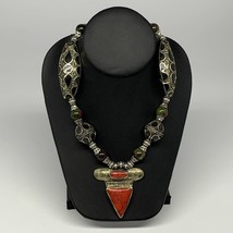 92.5g, 24&quot; Handmade Turkmen Necklace Antique Tribal Coral Inlay  Pendant... - £28.77 GBP