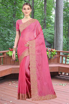 Designer Pink Zari Resham Stone Embroidery Bollywood Chiffon Party Wear Saree - £58.31 GBP