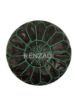 Moroccan leather pouf, round pouf, berber pouf, Black with Green embroidery by K - £55.15 GBP