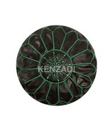 Moroccan leather pouf, round pouf, berber pouf, Black with Green embroid... - $95.73 CAD
