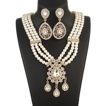 Morocco Gold Plated Pearl Necklace Set Water Drop Crystal Bridal Collar Necklace - £39.32 GBP