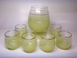 RETRO BLENDO FROSTED YELLOW GLASS SNIFTER PITCHER &amp; 6 GLASSES  NICE - £27.22 GBP