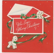 Vintage Christmas Card Puppy Dogs Unwrap Greeting Card Red 1950&#39;s - $8.90