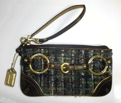 Coach Chelsea Boucle Wool Tweed Plaid Wristlet Brass Suede Leather Fall Colors - £27.52 GBP