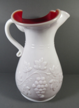 Vintage White Milk Glass Bright Red Cased Kanawha Pitcher-Vase Grapes 6.... - £14.15 GBP
