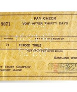 Newport Trust Company 1963 Eastland Woolen Mill Pay Check Maine Banking ... - $29.99