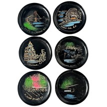 Vintage Effco San Francisco Black Lacquer Souvenir Coaster Set Of 6 2-3/4&quot; - $22.32