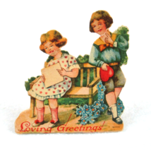 Vintage Valentine Die Cut Stand Up Boy &amp; Girl on Bench Heart 1920s-30s Germany - £7.85 GBP