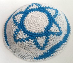Knitted KIPPA w blue star of / Magen David 6.7&quot; / 17cm Yarmulke Kipa Kippah cap - £3.61 GBP