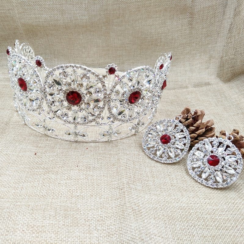 Primary image for Large noble red full crown pageant miss world rhinestone round full tiara crown 