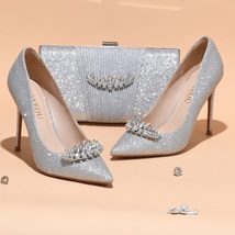 Women&#39;s Pumps Bag Suit Glitter Silver Rhinestone Small Crown High Heels Wedding  - £113.64 GBP