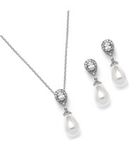 Cubic Zirconia and Ivory Teardrop Pearl Wedding Set, - $1,979.19 MXN
